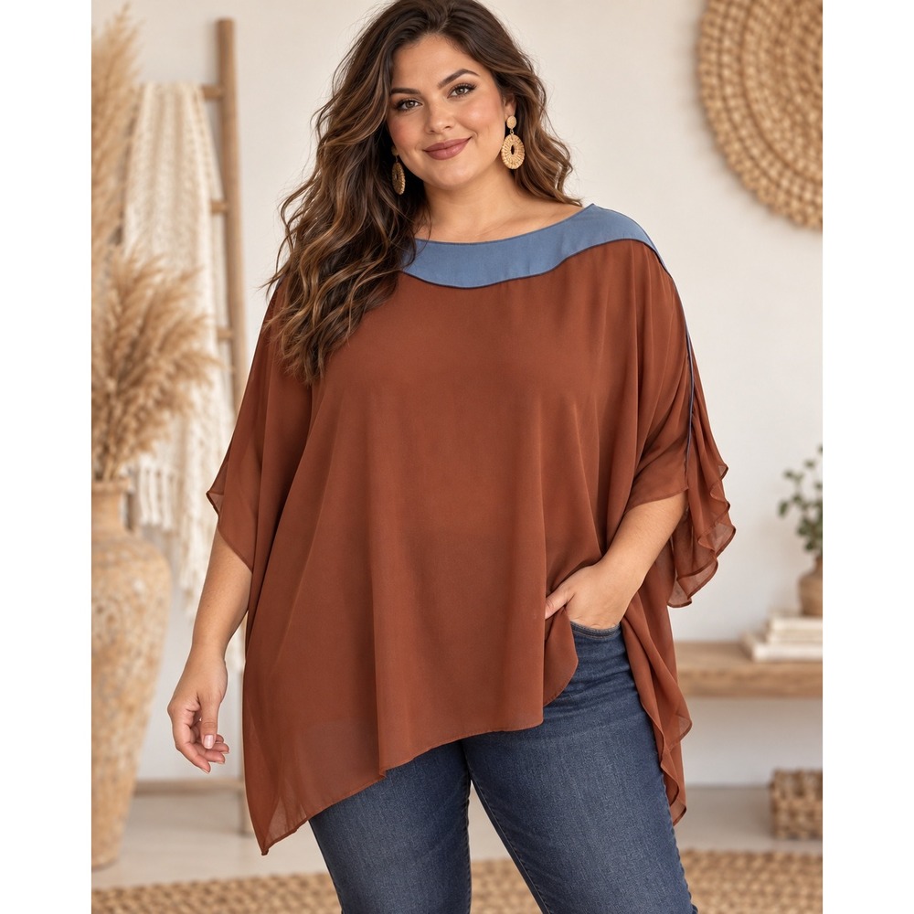 Pari Passu Brown Lagenlook Top Chiffon 2X-3X Artsy Boho Earthy Relaxed Luxe